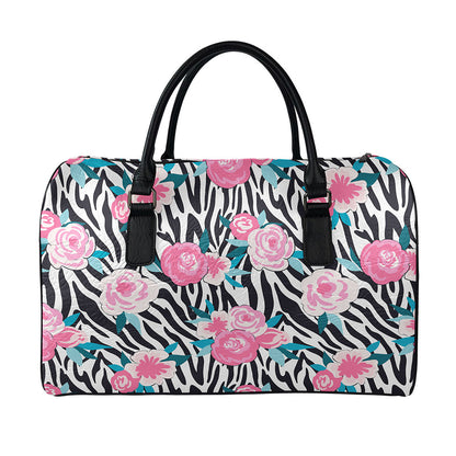 Black White Zebra Floral Pattern Print Leather Duffle Bag