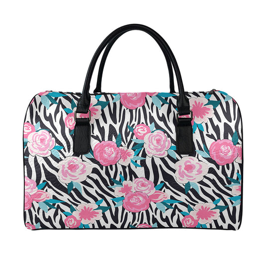 Black White Zebra Floral Pattern Print Leather Duffle Bag