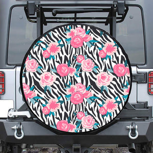 Black White Zebra Floral Pattern Print Leather Spare Tire Cover