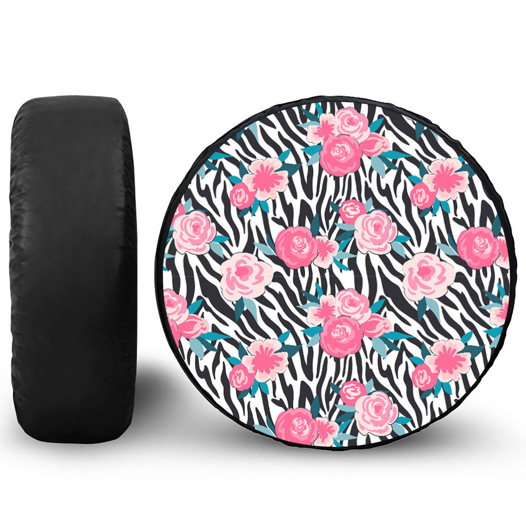 Black White Zebra Floral Pattern Print Leather Spare Tire Cover