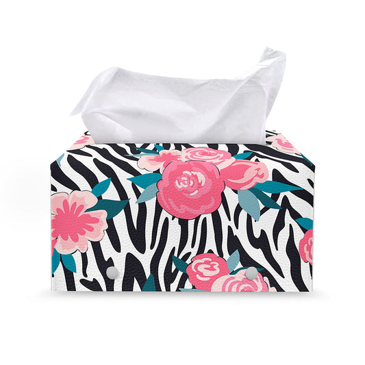 Black White Zebra Floral Pattern Print Leather Tissue Box Cover