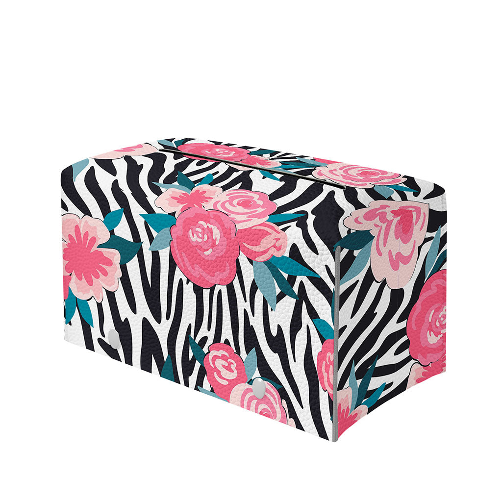 Black White Zebra Floral Pattern Print Leather Tissue Box Cover