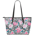 Black White Zebra Floral Pattern Print Leather Tote Bag With Zipper