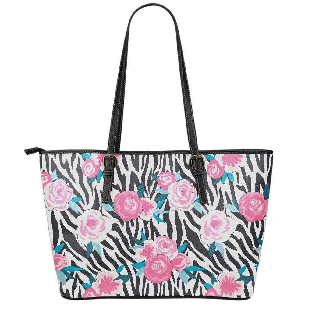 Black White Zebra Floral Pattern Print Leather Tote Bag