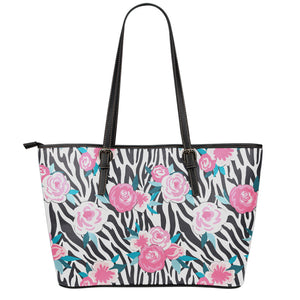 Black White Zebra Floral Pattern Print Leather Tote Bag