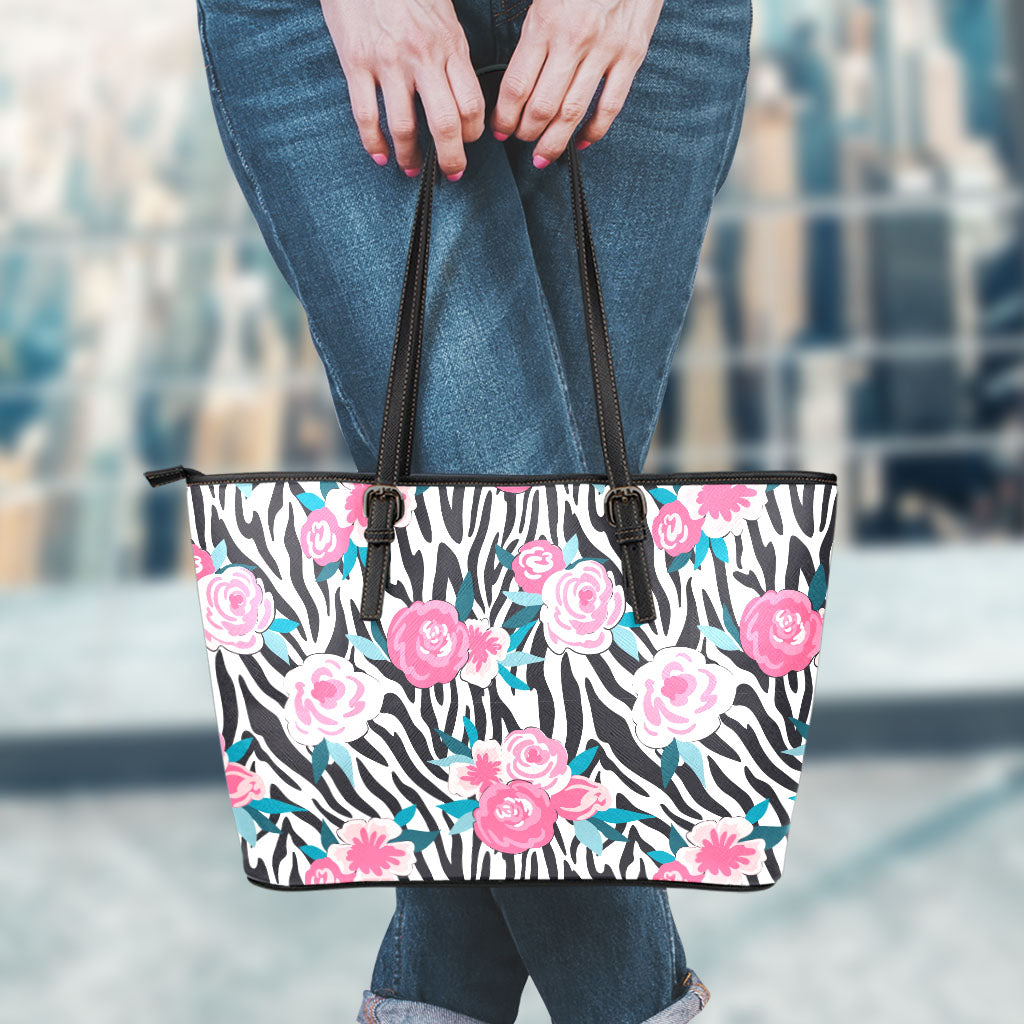 Black White Zebra Floral Pattern Print Leather Tote Bag