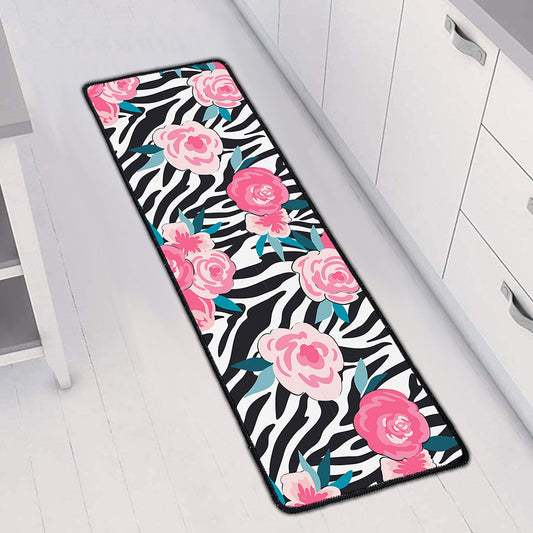 Black White Zebra Floral Pattern Print Long Kitchen Mat