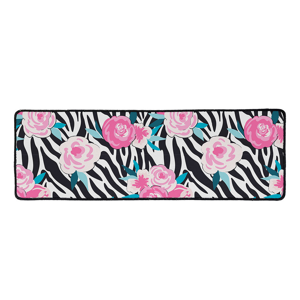 Black White Zebra Floral Pattern Print Long Kitchen Mat