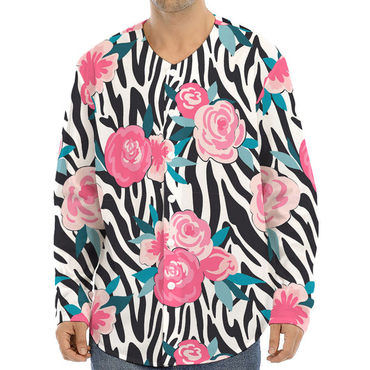Black White Zebra Floral Pattern Print Long Sleeve Baseball Jersey