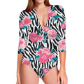 Black White Zebra Floral Pattern Print Long Sleeve Swimsuit