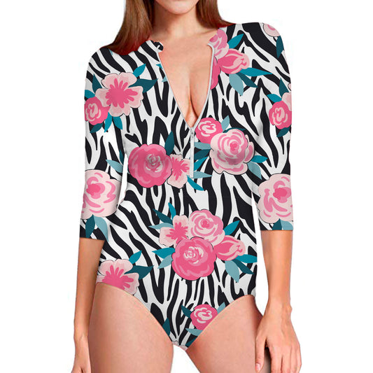 Black White Zebra Floral Pattern Print Long Sleeve Swimsuit