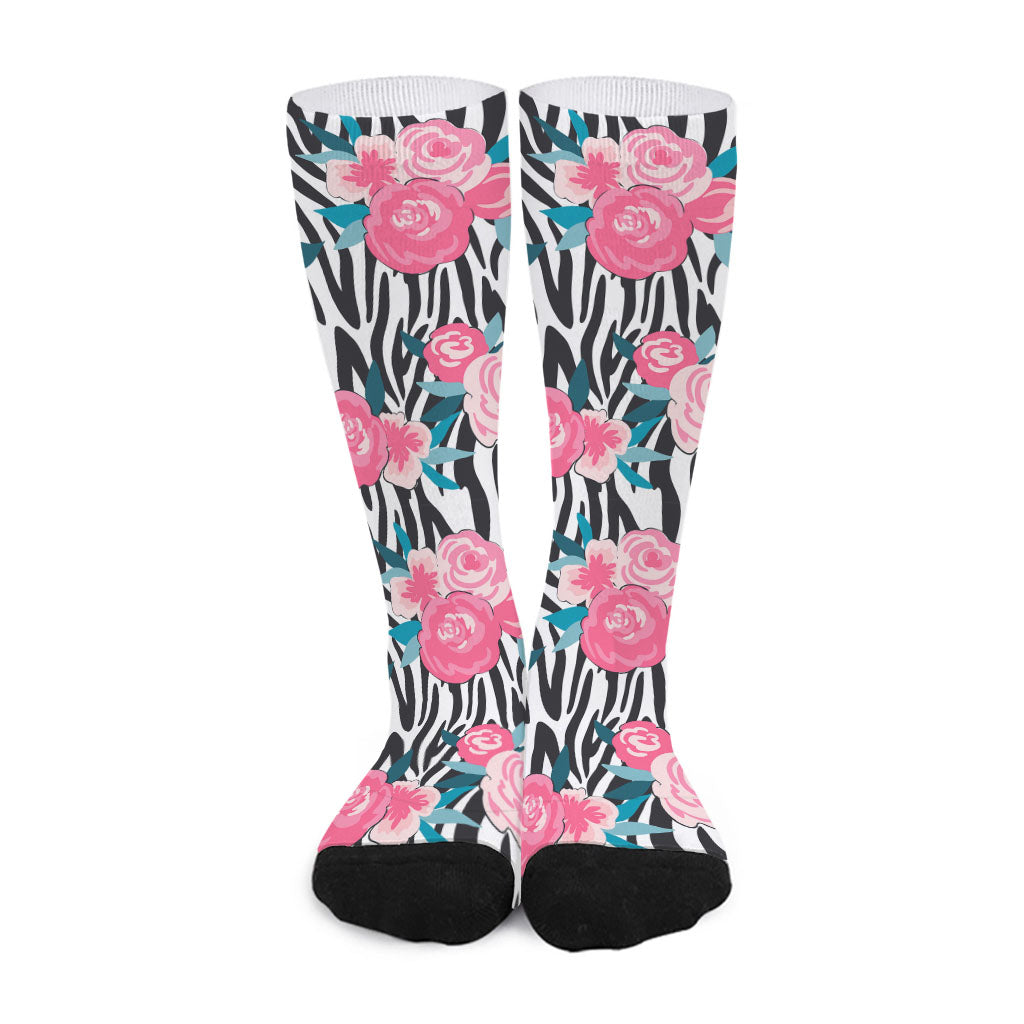 Black White Zebra Floral Pattern Print Long Socks