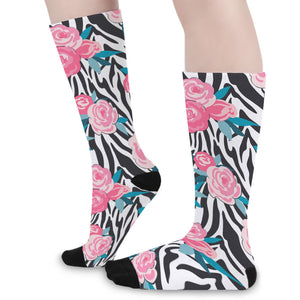 Black White Zebra Floral Pattern Print Long Socks