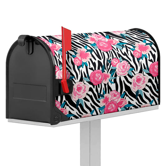 Black White Zebra Floral Pattern Print Mailbox Cover