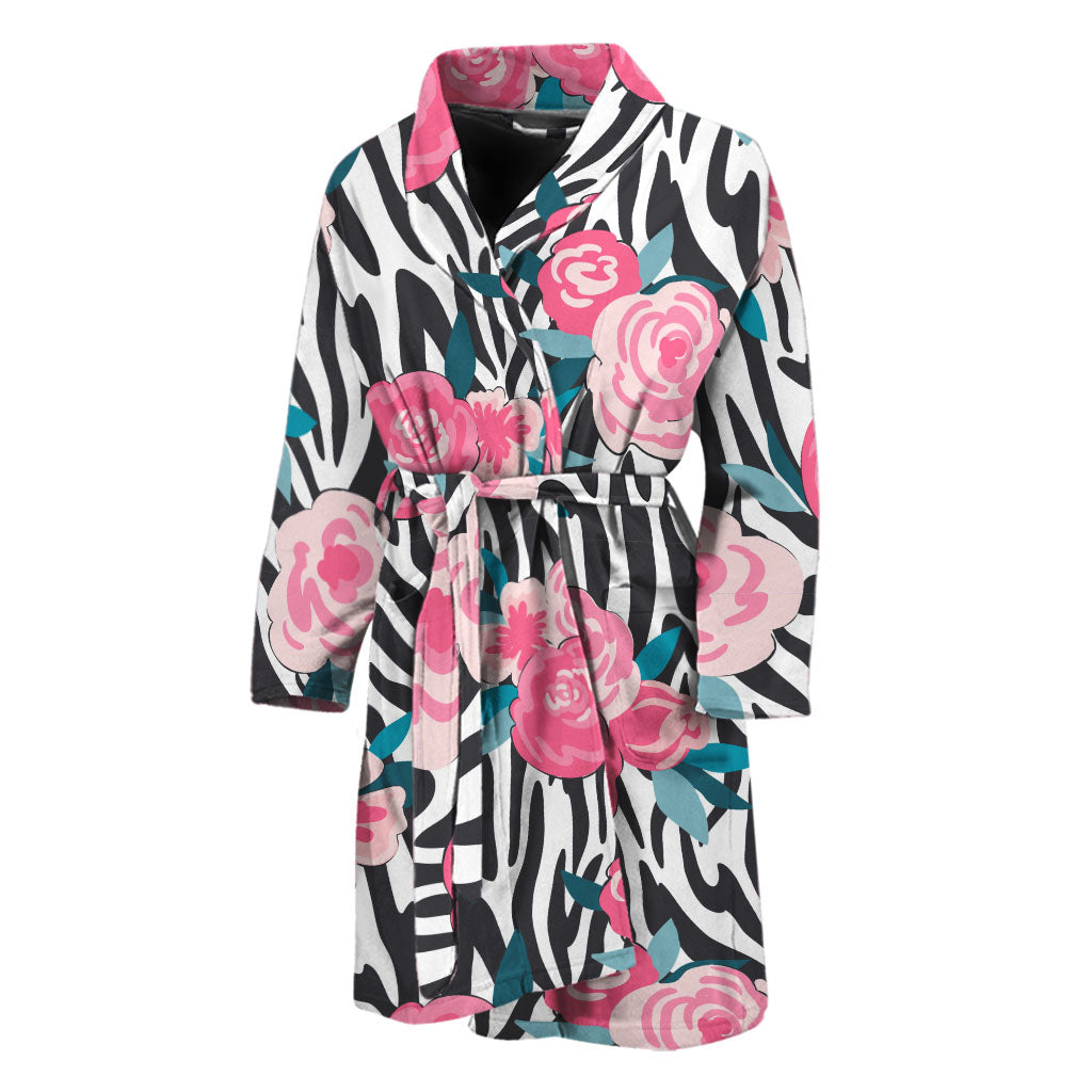 Black White Zebra Floral Pattern Print Men's Bathrobe