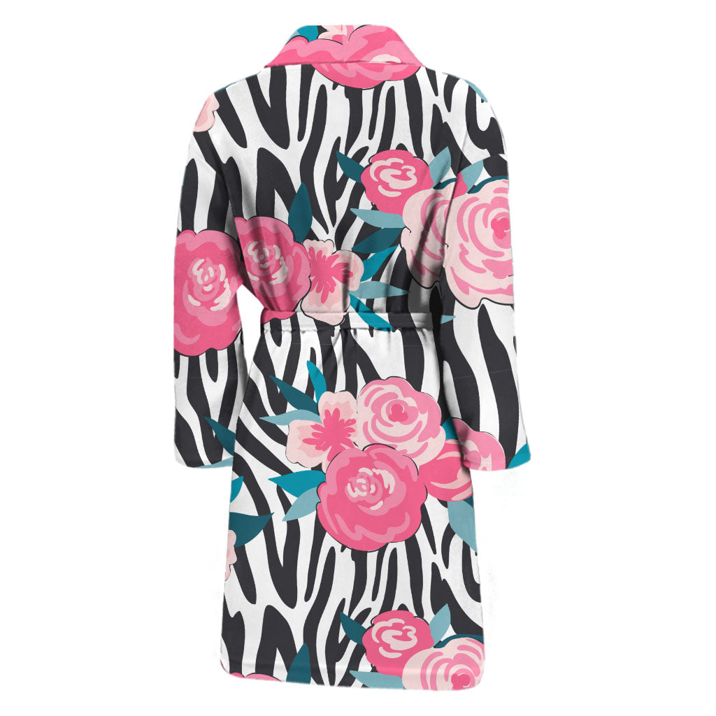 Black White Zebra Floral Pattern Print Men's Bathrobe