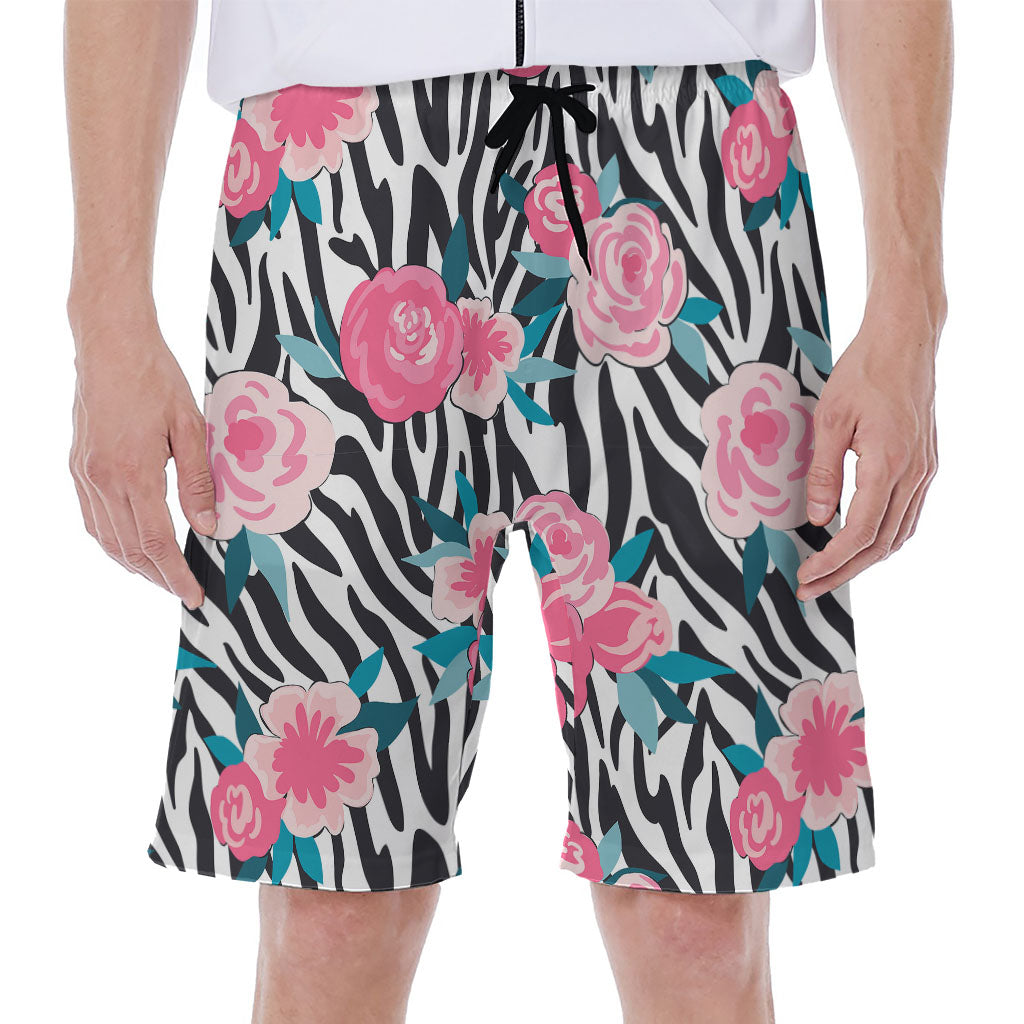 Black White Zebra Floral Pattern Print Men's Beach Shorts