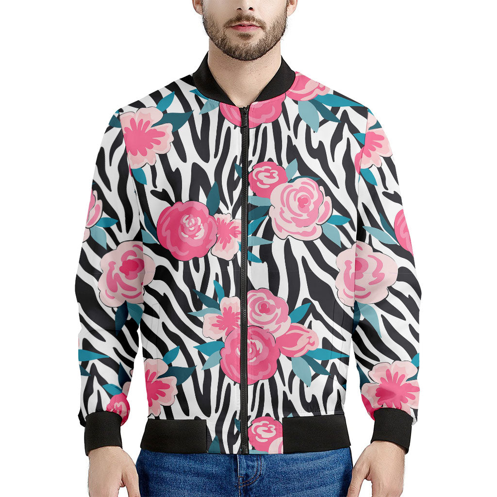 Black White Zebra Floral Pattern Print Men's Bomber Jacket