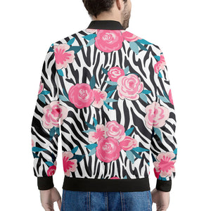 Black White Zebra Floral Pattern Print Men's Bomber Jacket