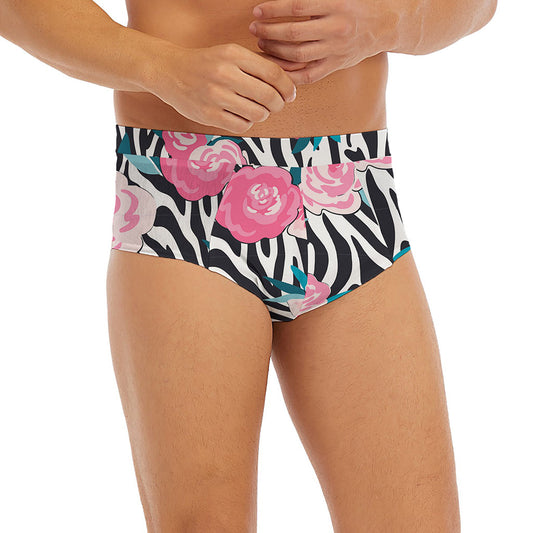 Black White Zebra Floral Pattern Print Men's Briefs
