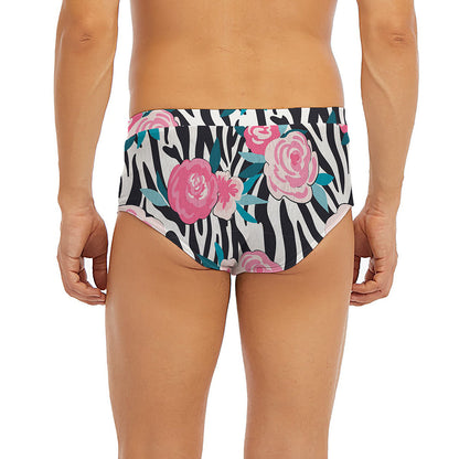 Black White Zebra Floral Pattern Print Men's Briefs