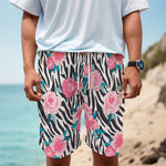 Black White Zebra Floral Pattern Print Men's Cargo Shorts