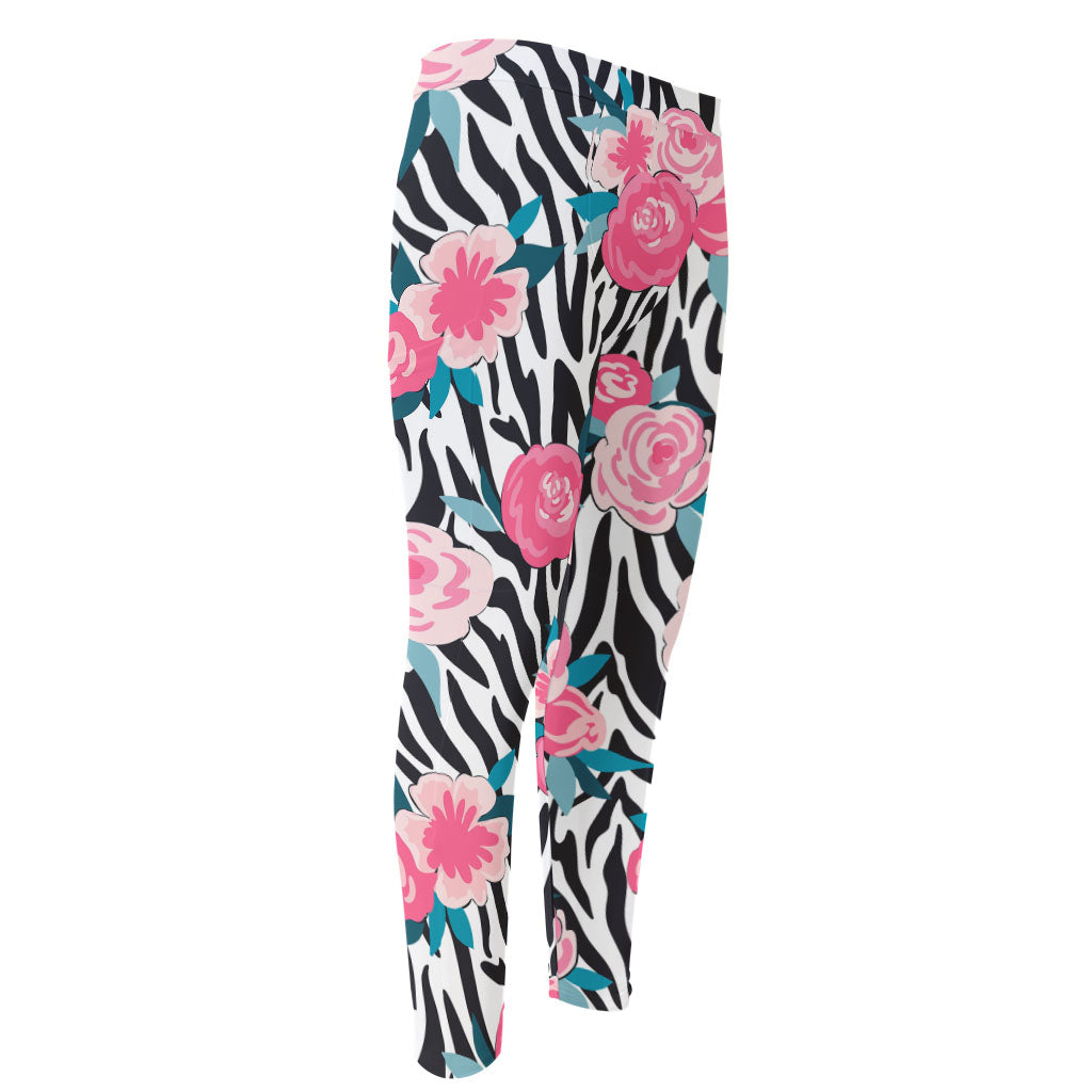 Black White Zebra Floral Pattern Print Men's Compression Pants