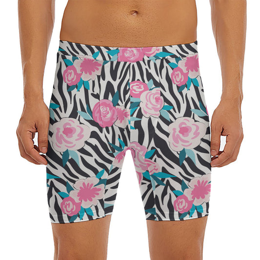 Black White Zebra Floral Pattern Print Men's Long Boxer Briefs