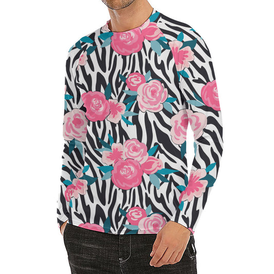 Black White Zebra Floral Pattern Print Men's Long Sleeve Rash Guard