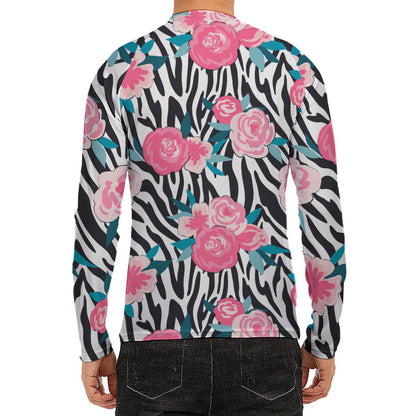 Black White Zebra Floral Pattern Print Men's Long Sleeve Rash Guard