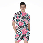 Black White Zebra Floral Pattern Print Men's Rompers