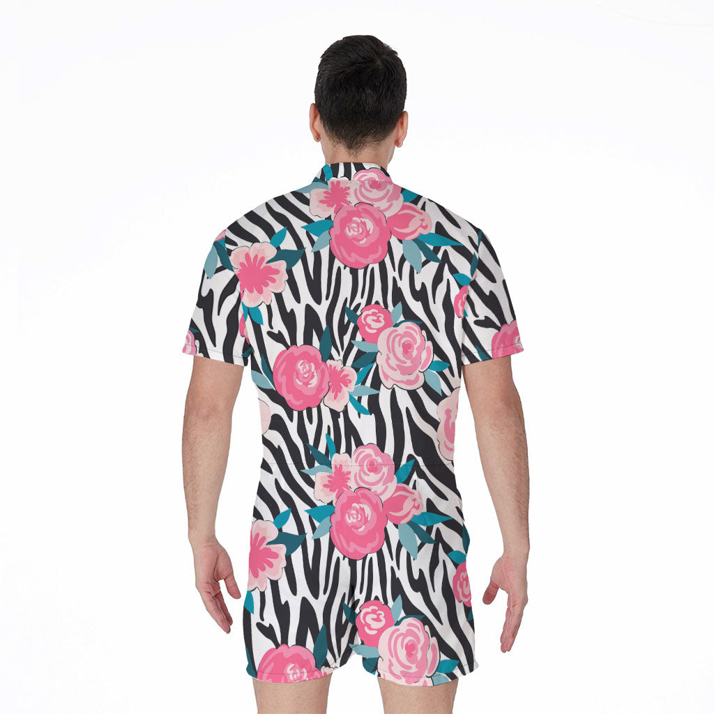 Black White Zebra Floral Pattern Print Men's Rompers