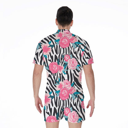Black White Zebra Floral Pattern Print Men's Rompers