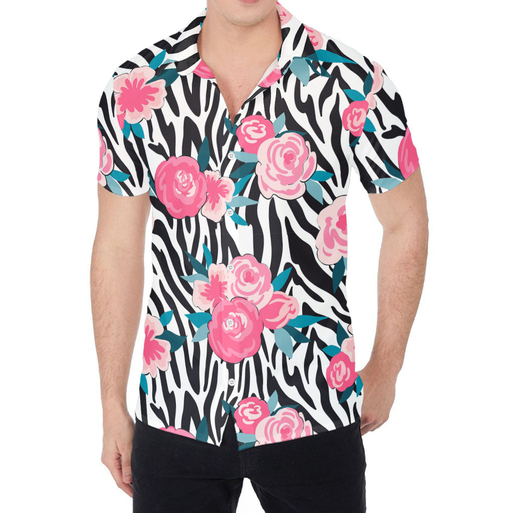 Black White Zebra Floral Pattern Print Men's Shirt