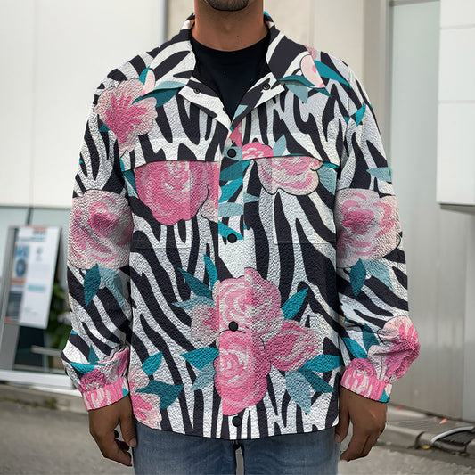 Black White Zebra Floral Pattern Print Men's Shirt Jacket