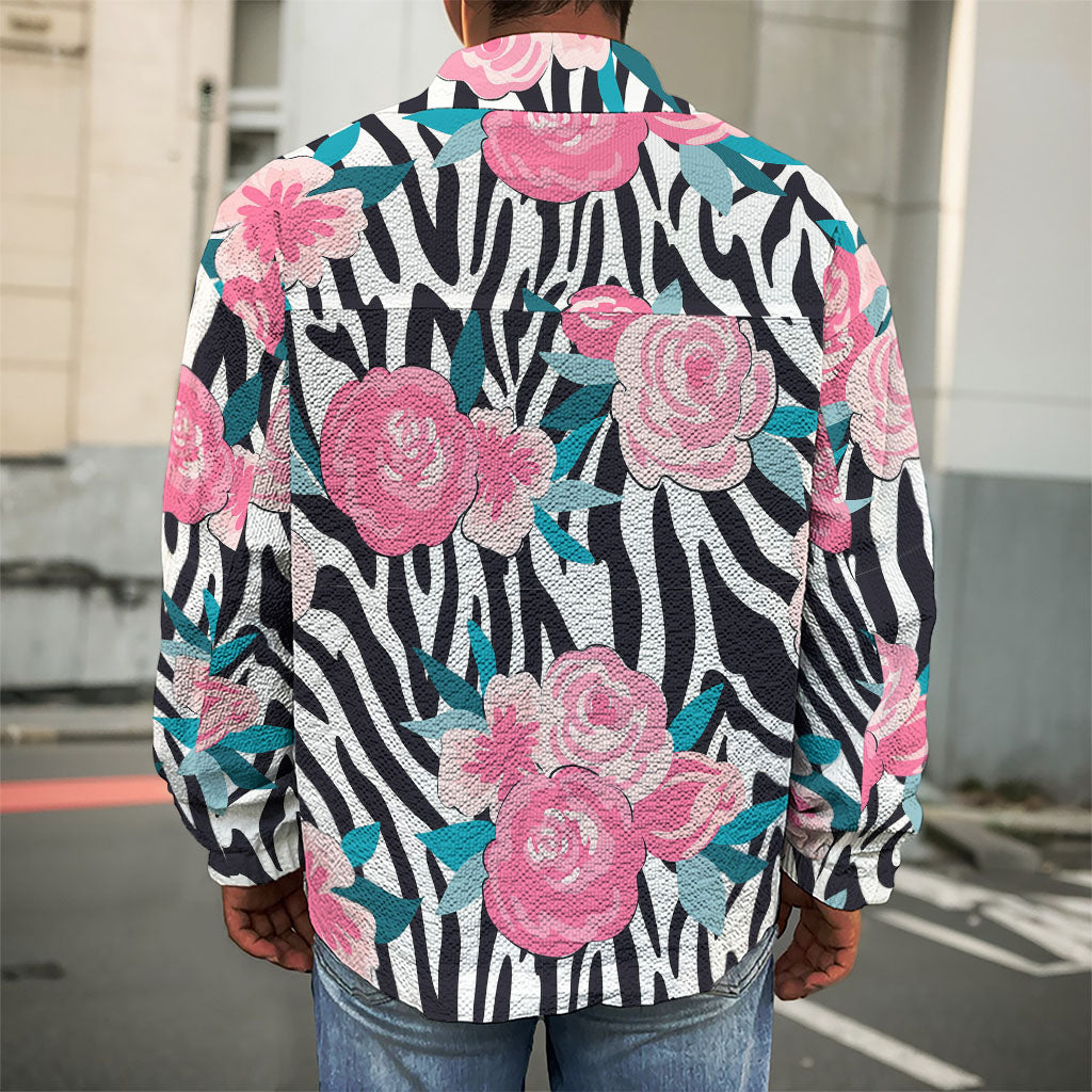 Black White Zebra Floral Pattern Print Men's Shirt Jacket