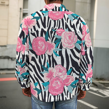 Black White Zebra Floral Pattern Print Men's Shirt Jacket