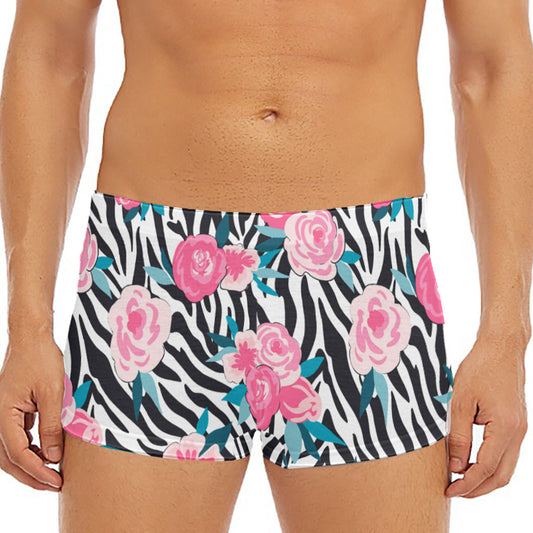 Black White Zebra Floral Pattern Print Men's Short Boxer Briefs