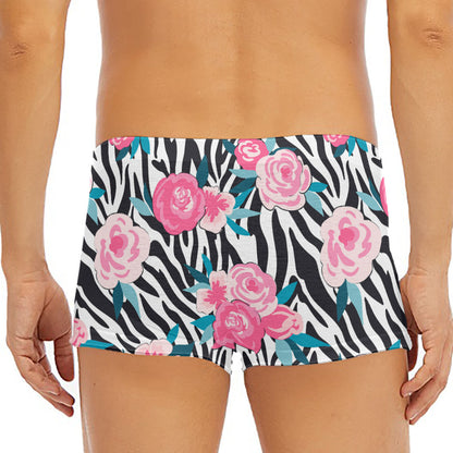 Black White Zebra Floral Pattern Print Men's Short Boxer Briefs