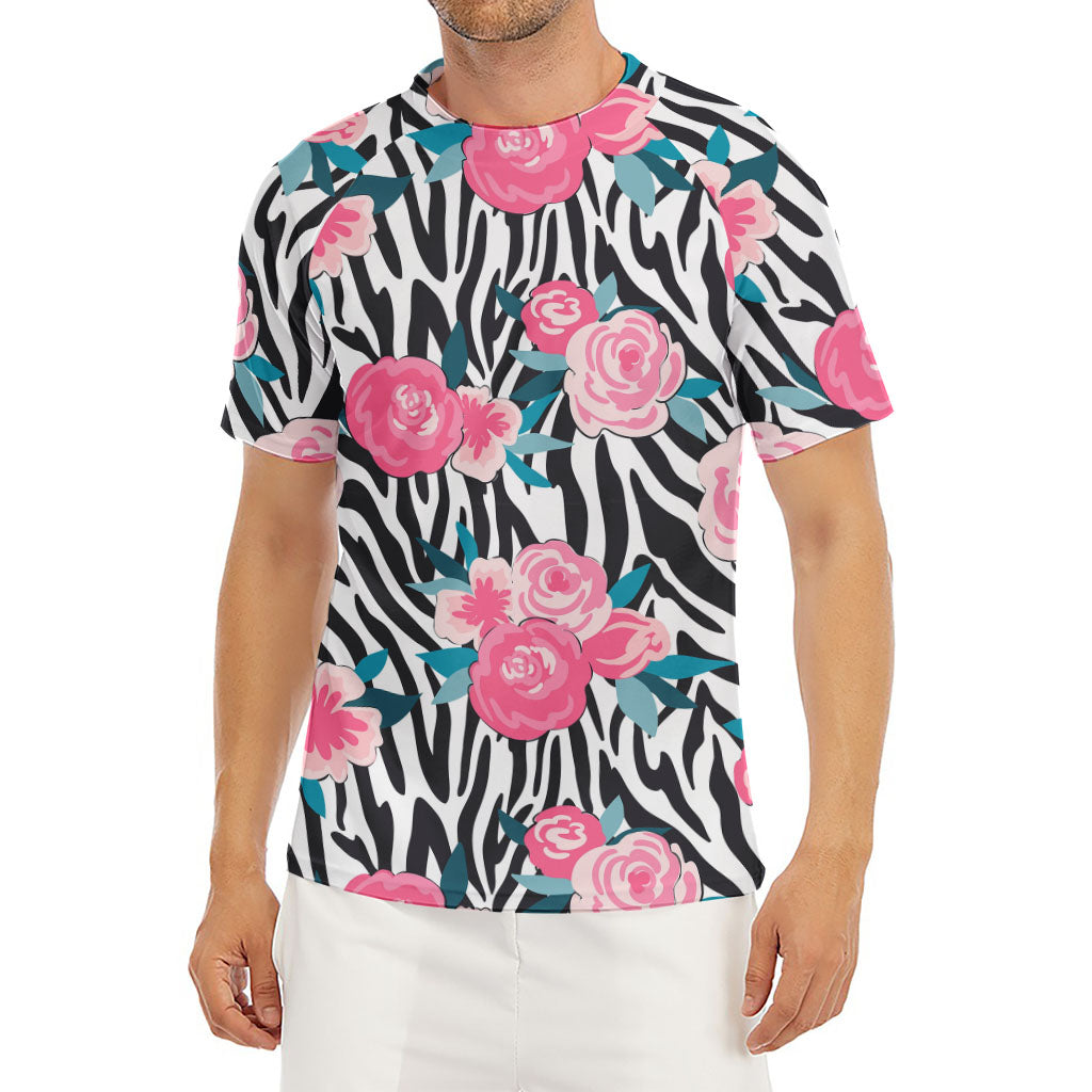 Black White Zebra Floral Pattern Print Men's Short Sleeve Rash Guard