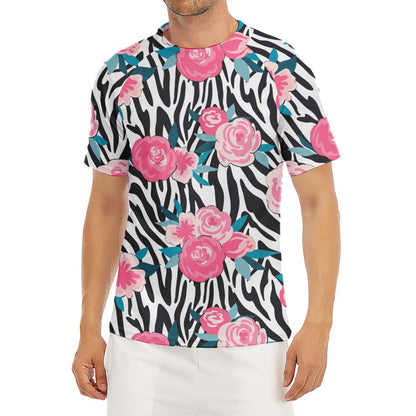 Black White Zebra Floral Pattern Print Men's Short Sleeve Rash Guard