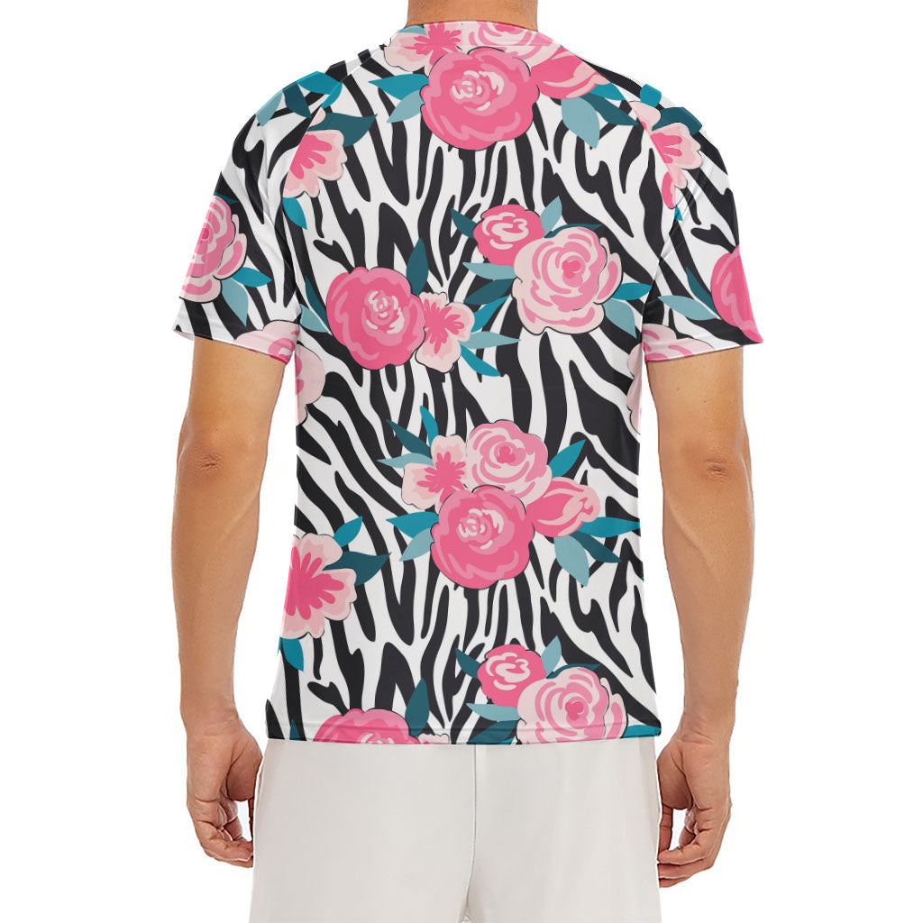 Black White Zebra Floral Pattern Print Men's Short Sleeve Rash Guard