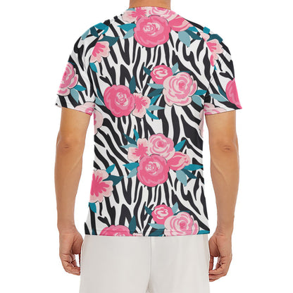 Black White Zebra Floral Pattern Print Men's Short Sleeve Rash Guard