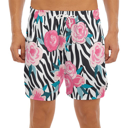 Black White Zebra Floral Pattern Print Men's Split Running Shorts