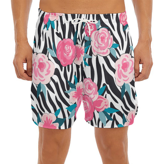 Black White Zebra Floral Pattern Print Men's Split Running Shorts