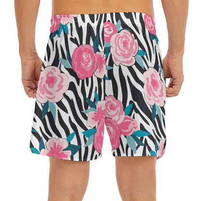 Black White Zebra Floral Pattern Print Men's Split Running Shorts