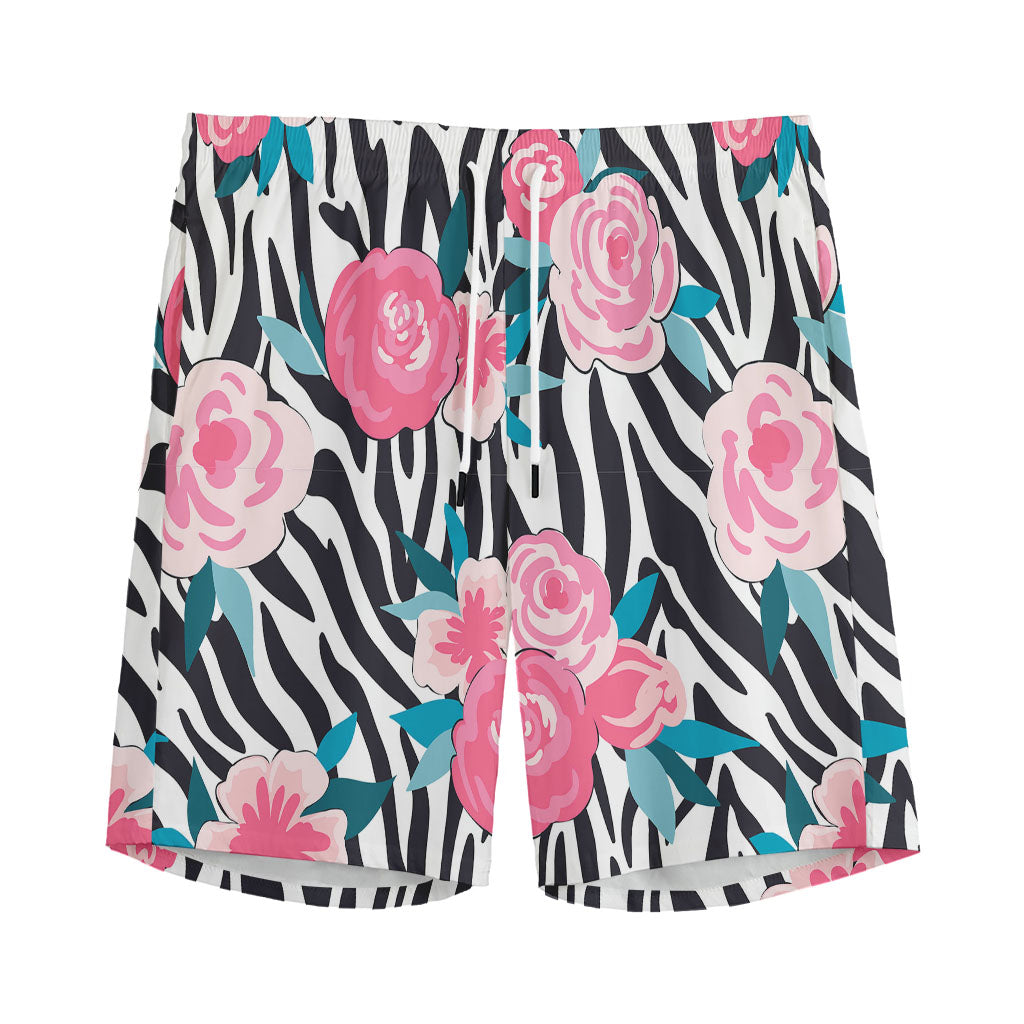Black White Zebra Floral Pattern Print Men's Sports Shorts