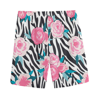 Black White Zebra Floral Pattern Print Men's Sports Shorts