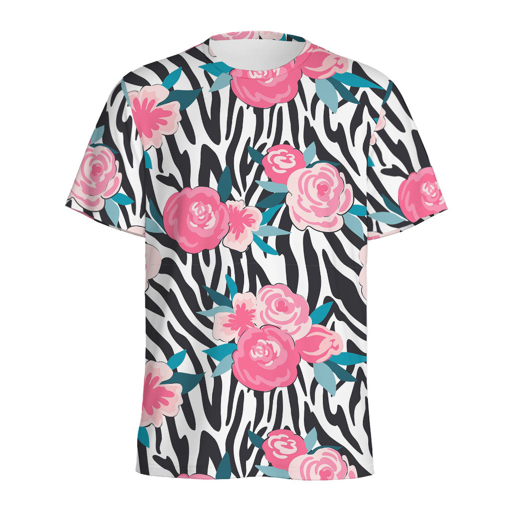 Black White Zebra Floral Pattern Print Men's Sports T-Shirt