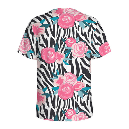 Black White Zebra Floral Pattern Print Men's Sports T-Shirt